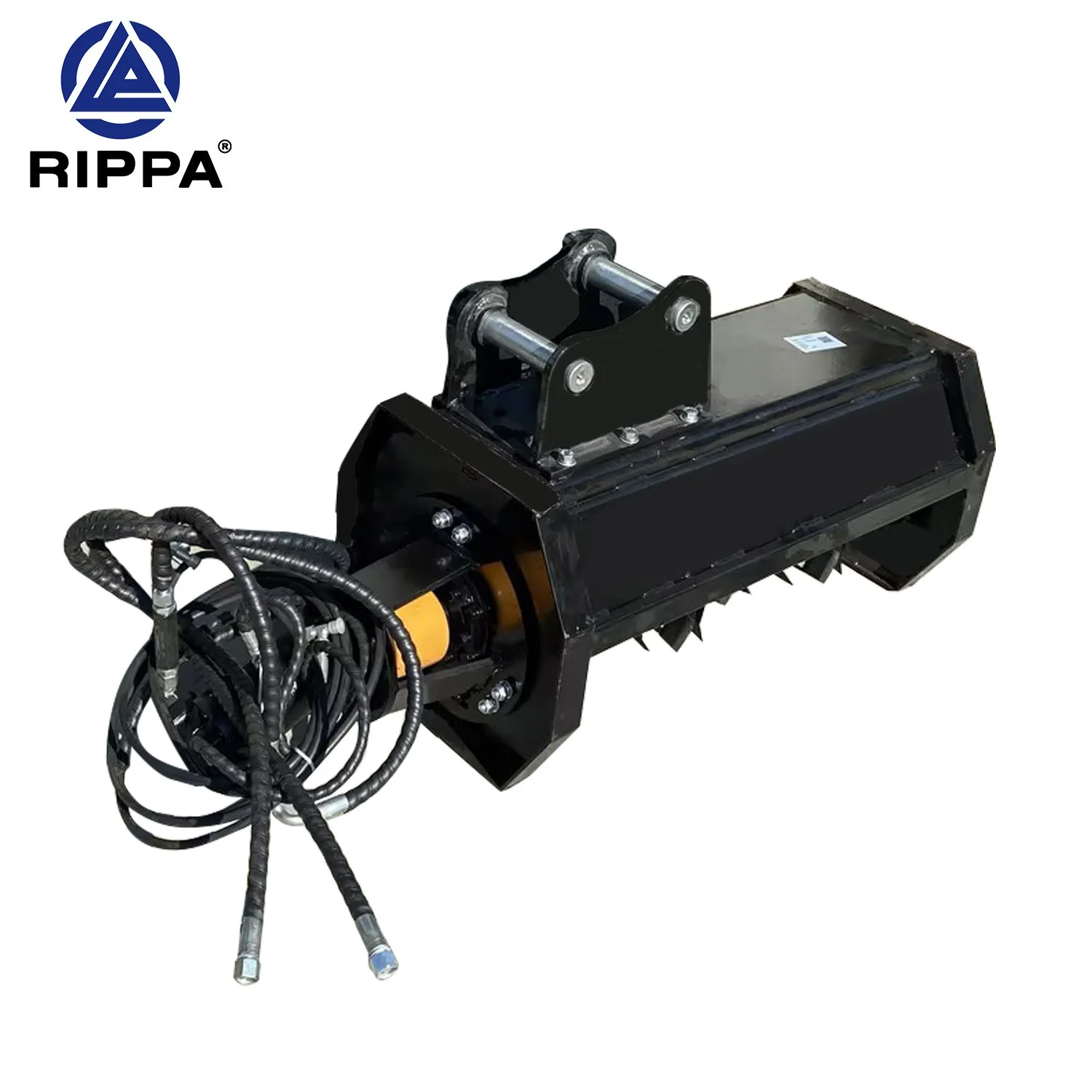 A large black robotic attachment with hydraulic hoses and a mounting bracket, labeled with the Rippa logo, appears to be designed for heavy machinery or construction equipment.