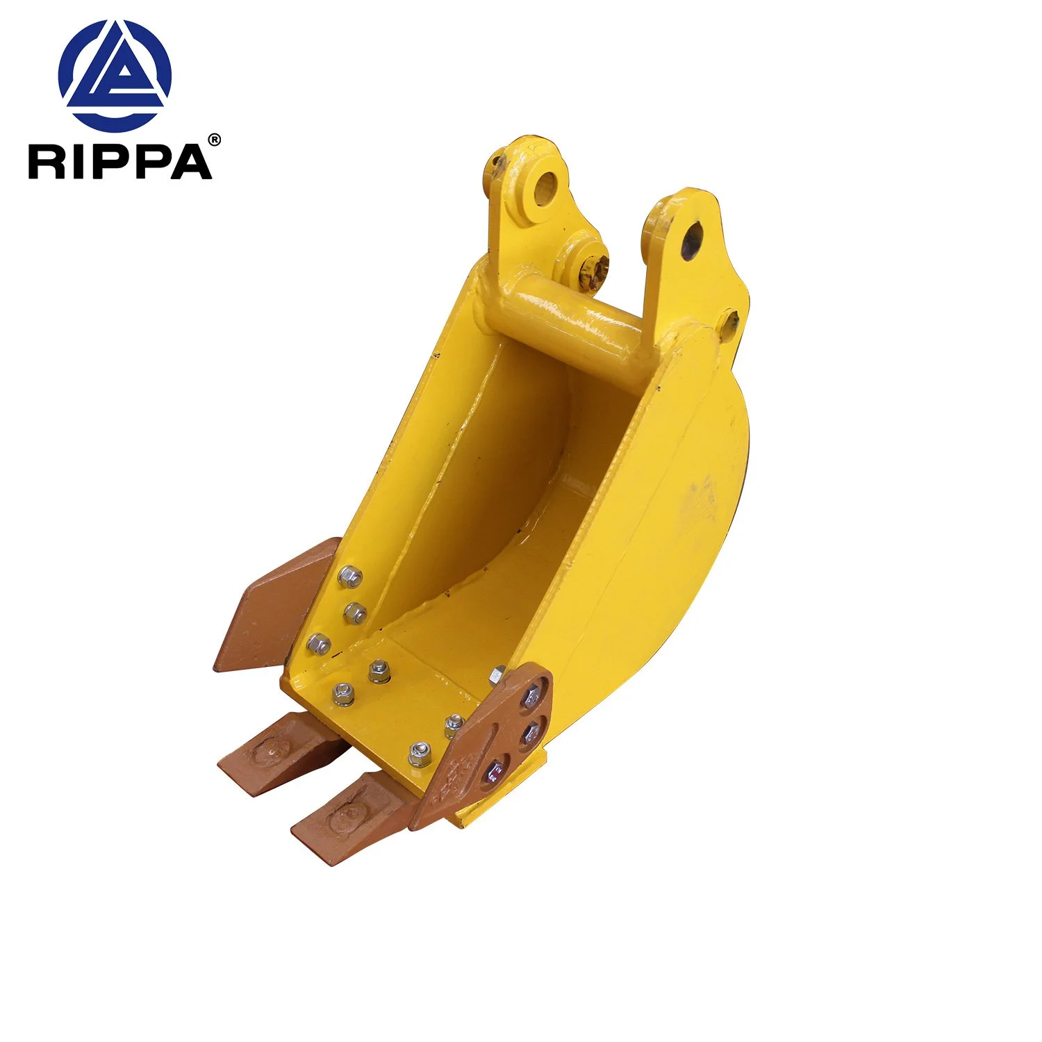 A yellow excavator bucket attachment with brown cutting edges, isolated on a white background, with RIPPA branding in the top left corner.