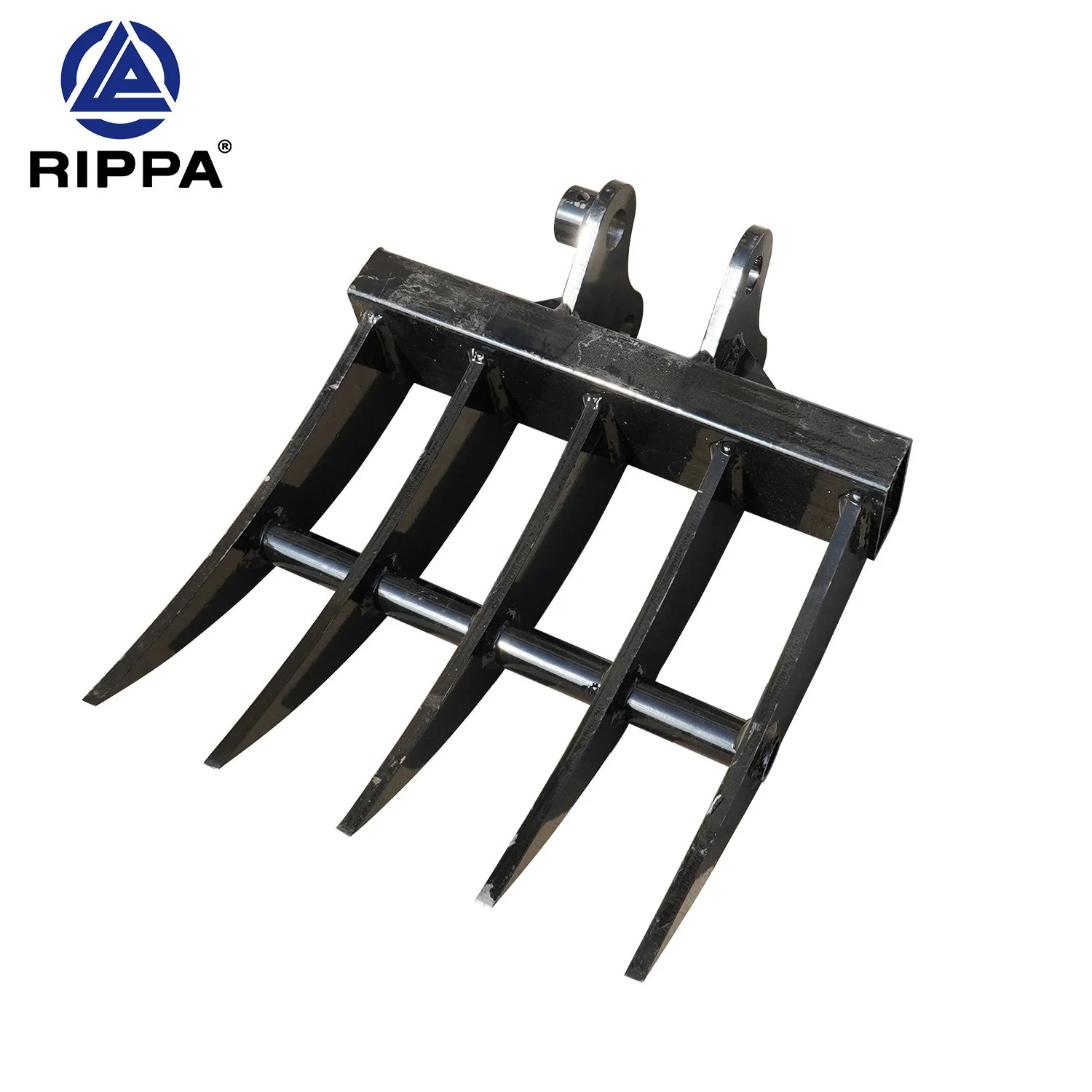 A black Rippa agricultural digger attachment with five tines and a sturdy mounting bracket.