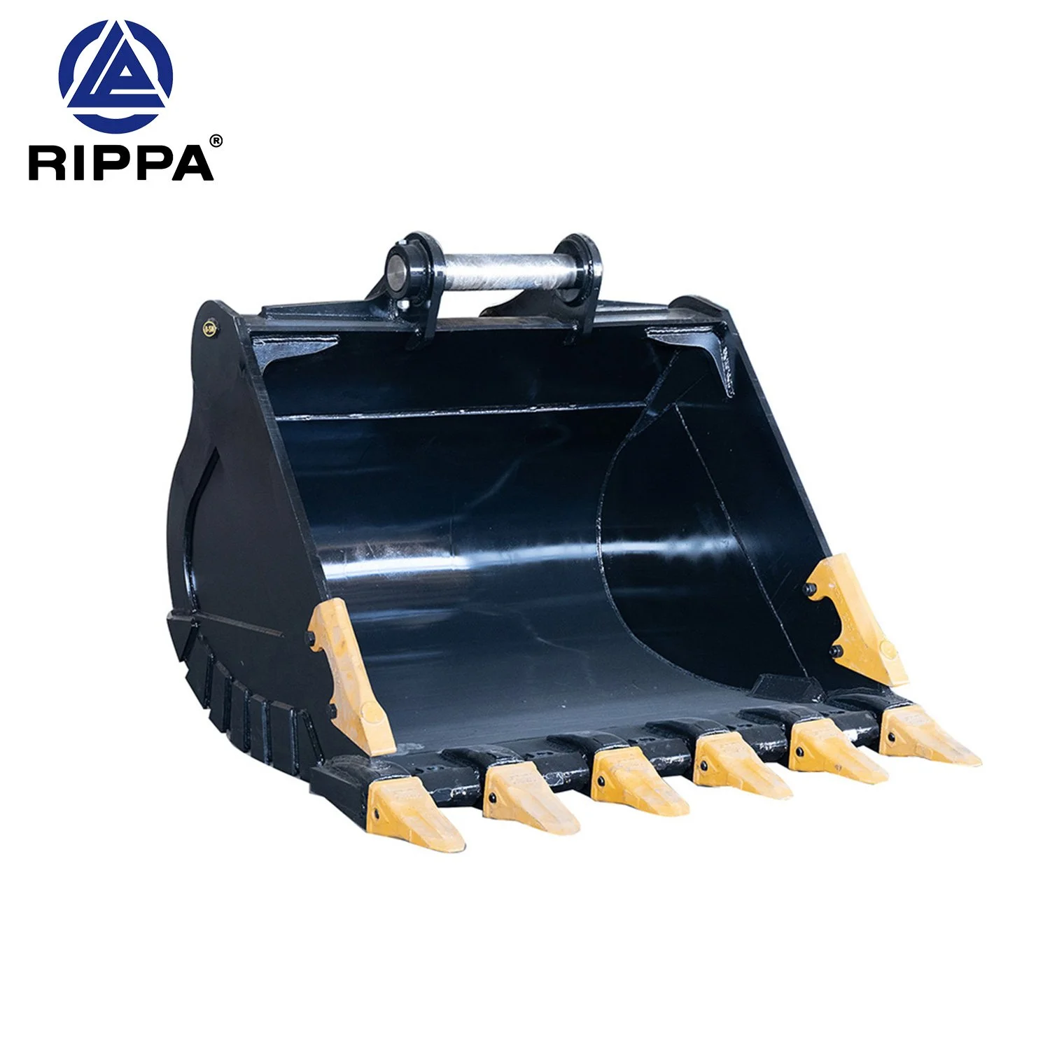 Black excavator bucket attachment with yellow teeth, isolated on white background. The logo of Rippa and the brand's emblem are in the top left corner.