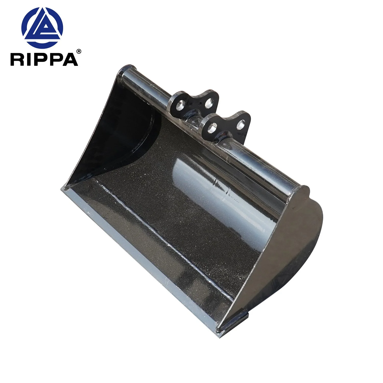 A shiny black and silver excavator bucket attachment with the Rippa logo in the top left corner.