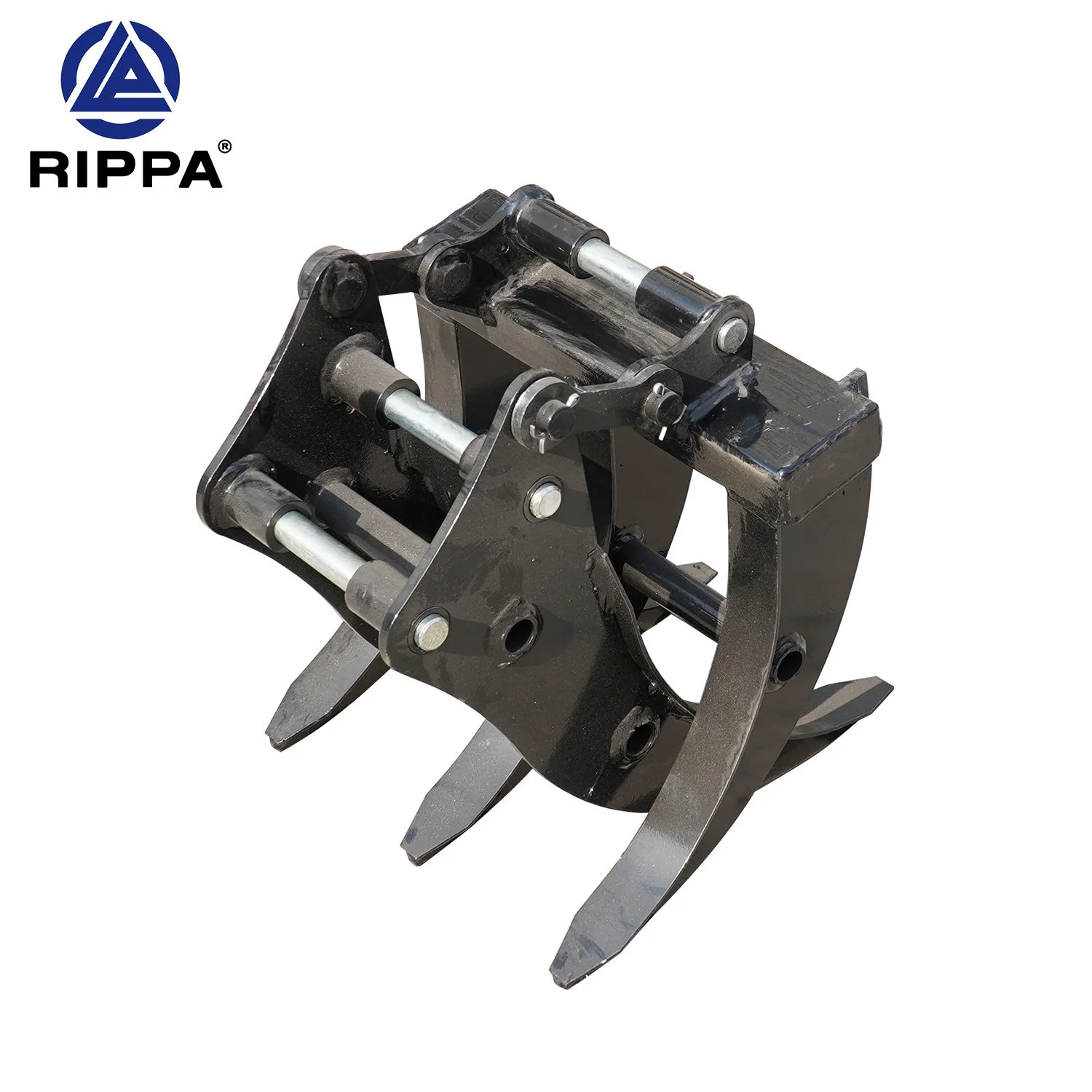 Black mechanical part with hydraulic cylinders and metal blades, labeled with Rippa logo in the top left corner.