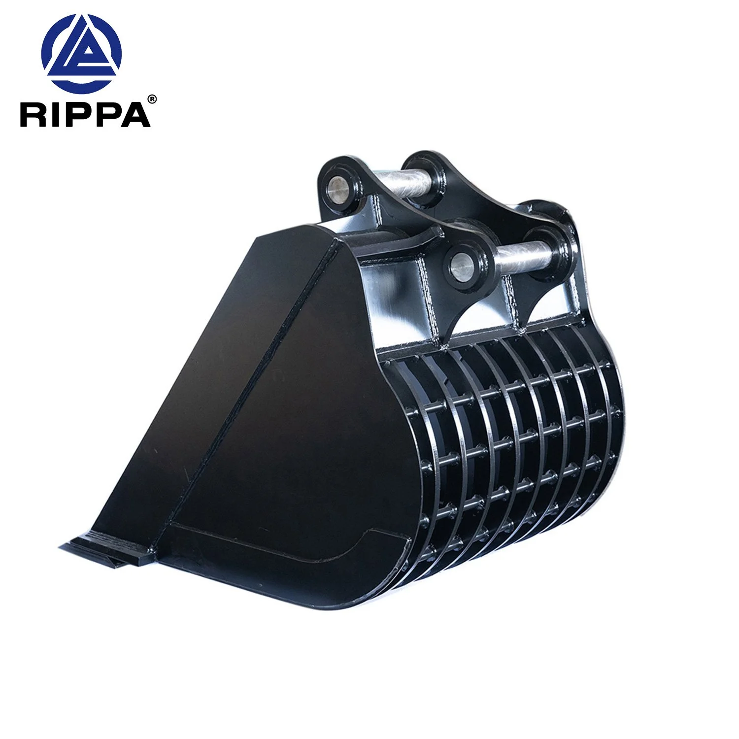 Black excavator bucket attachment with metal bars and hydraulic connection points, branded Rippa.